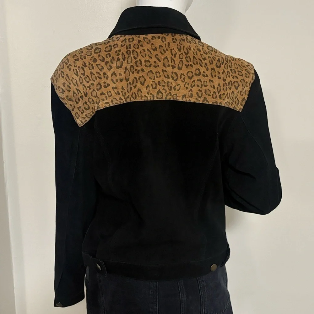 Vintage Margaret Godfrey Black Suede Leather Jacket w Leopard Print Details